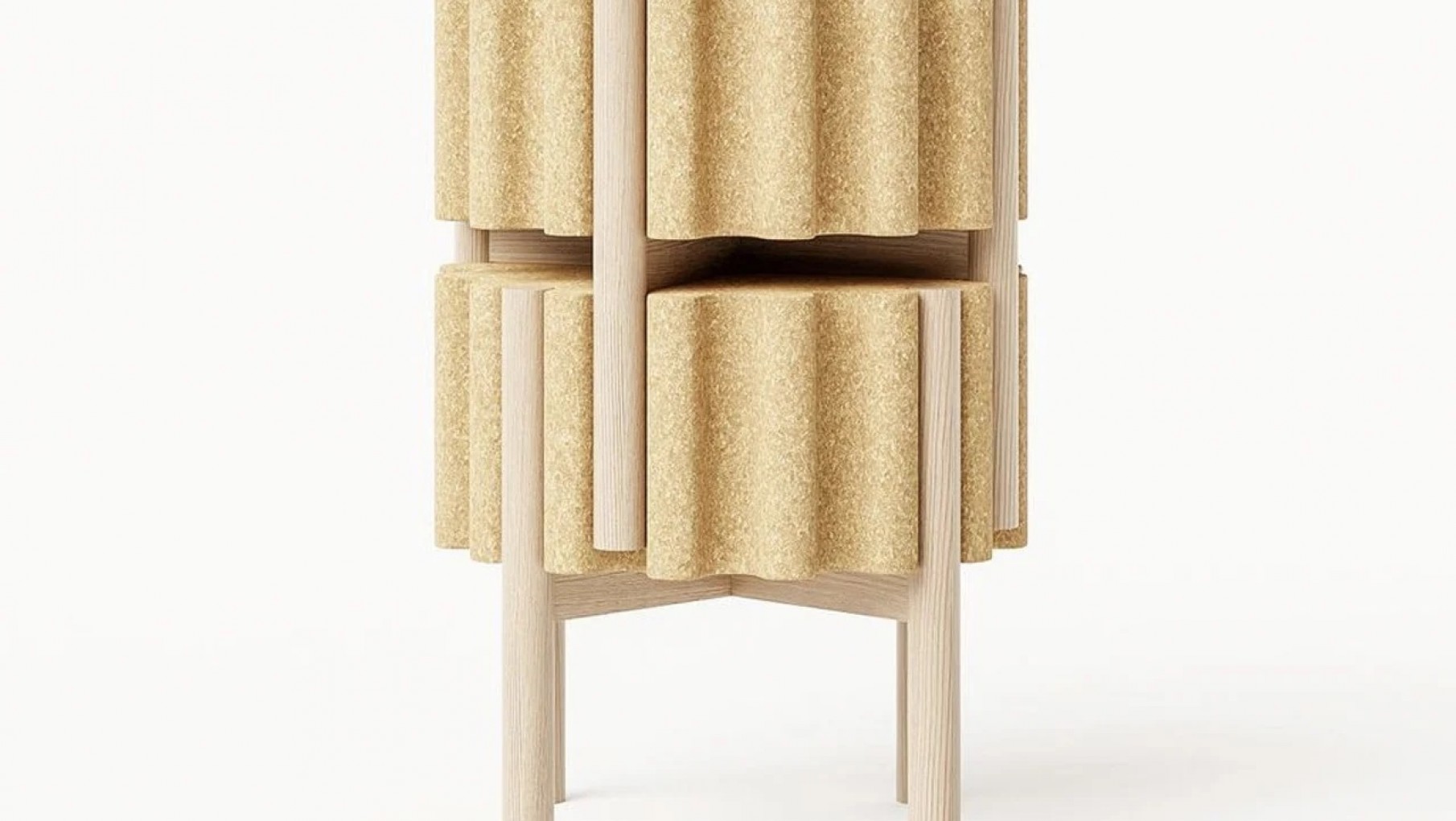 Taburete apilable minimalista con patas de madera y asiento de corcho