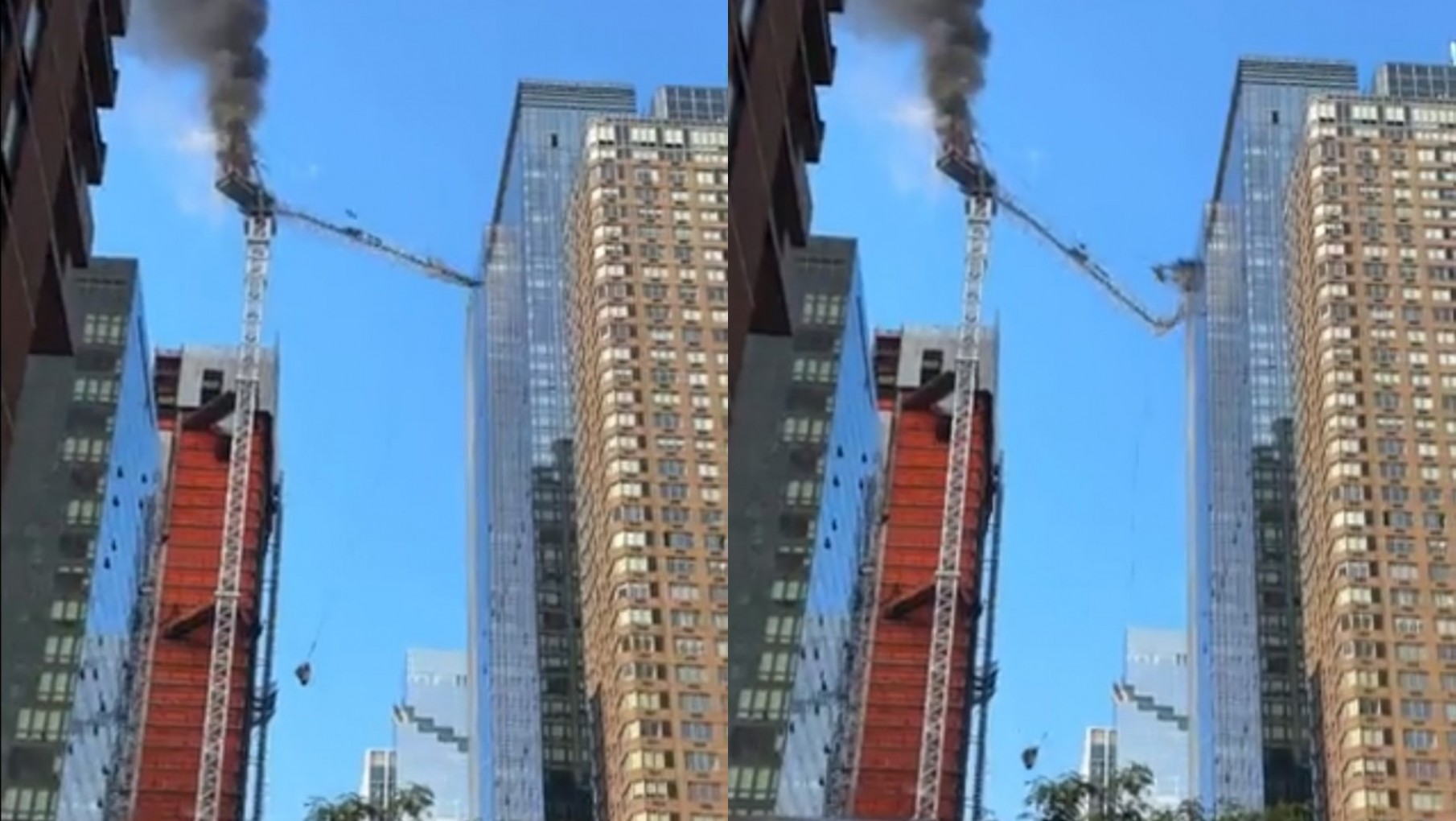 Una grúa se incendió y protagonizó un peligroso accidente en una construcción